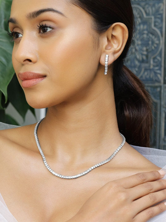 Rubans Rhodium-Plated Cubic Zirconia Studded Statement Necklace Set