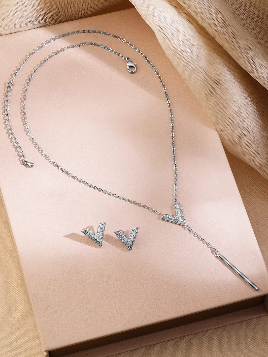 Rubans Rhodium-Plated Cubic Zirconia Studded V-Shaped Pendant Necklace Set