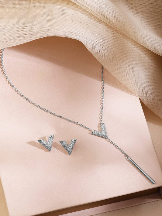 Rubans Rhodium-Plated Cubic Zirconia Studded V-Shaped Pendant Necklace Set