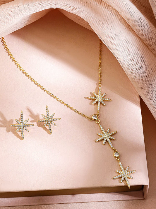 Rubans Rhodium-Plated Cubic Zirconia Studded V-Shaped Pendant Necklace Set