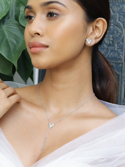 Rubans Rhodium-Plated Cubic Zirconia Studded V-Shaped Pendant Necklace Set