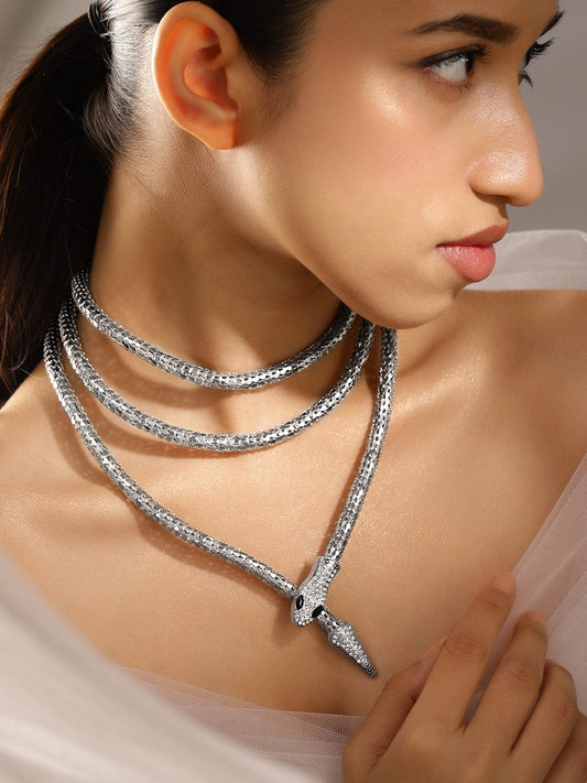 Rubans Rhodium Plated CubicZirconia Studded Snake Motif Layer Demi Fine Statement Necklace