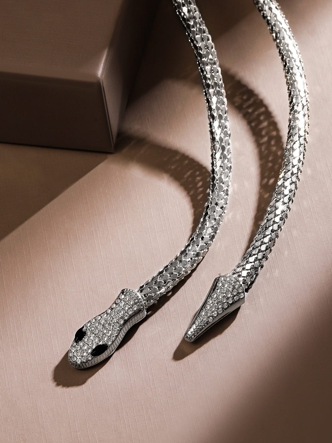 Rubans Rhodium Plated CubicZirconia Studded Snake Motif Layer Demi Fine Statement Necklace