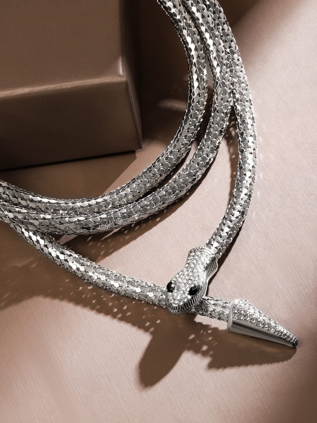 Rubans Rhodium Plated CubicZirconia Studded Snake Motif Layer Demi Fine Statement Necklace