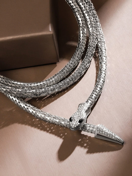 Rubans Rhodium Plated CubicZirconia Studded Snake Motif Layer Demi Fine Statement Necklace