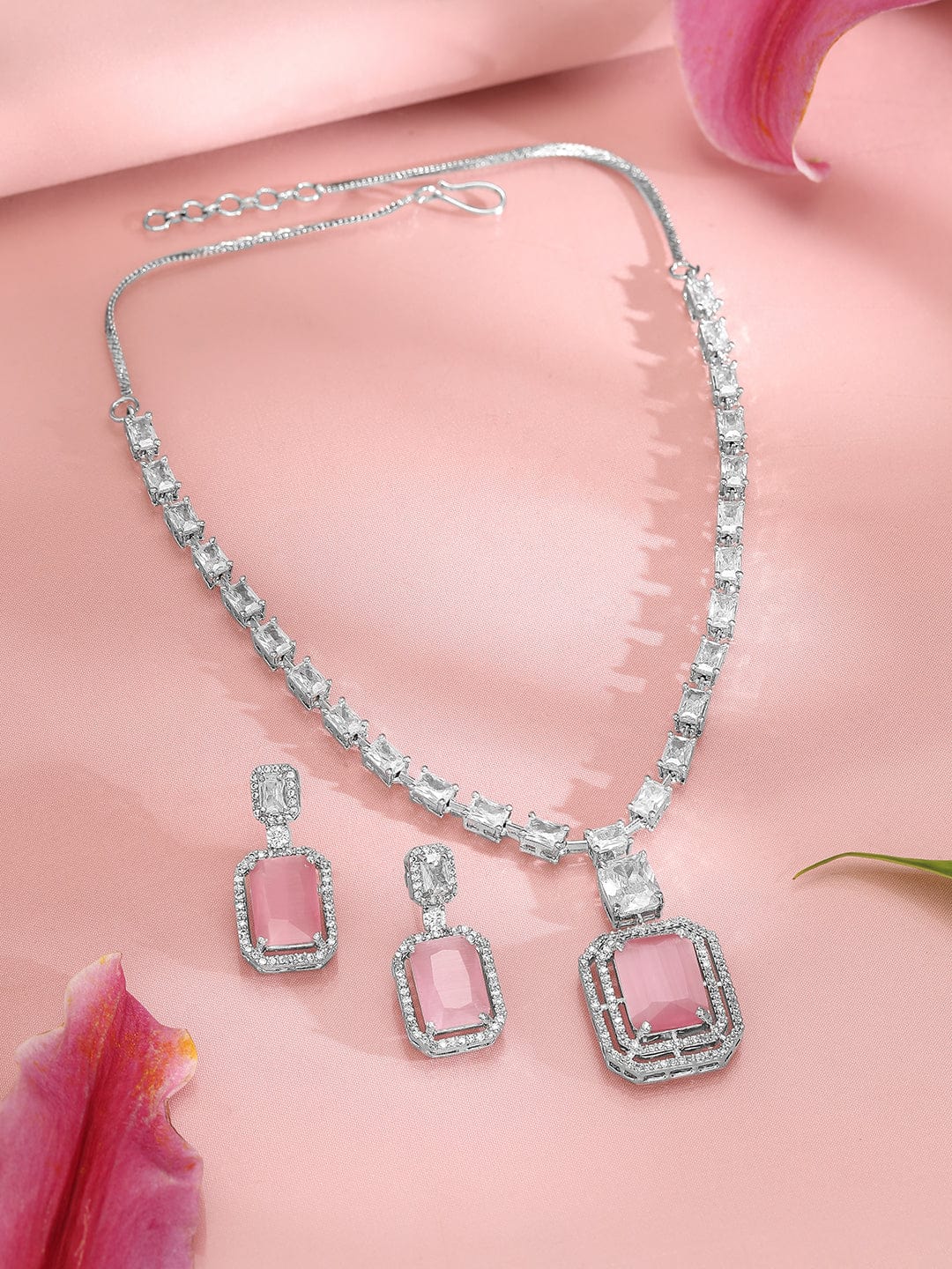 Rubans Rhodium-Plated CZ Studded Necklace & Earrings