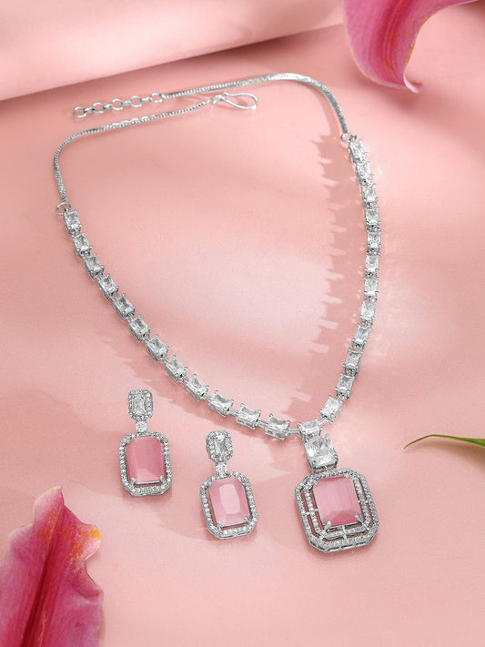 Rubans Rhodium-Plated CZ Studded Necklace & Earrings