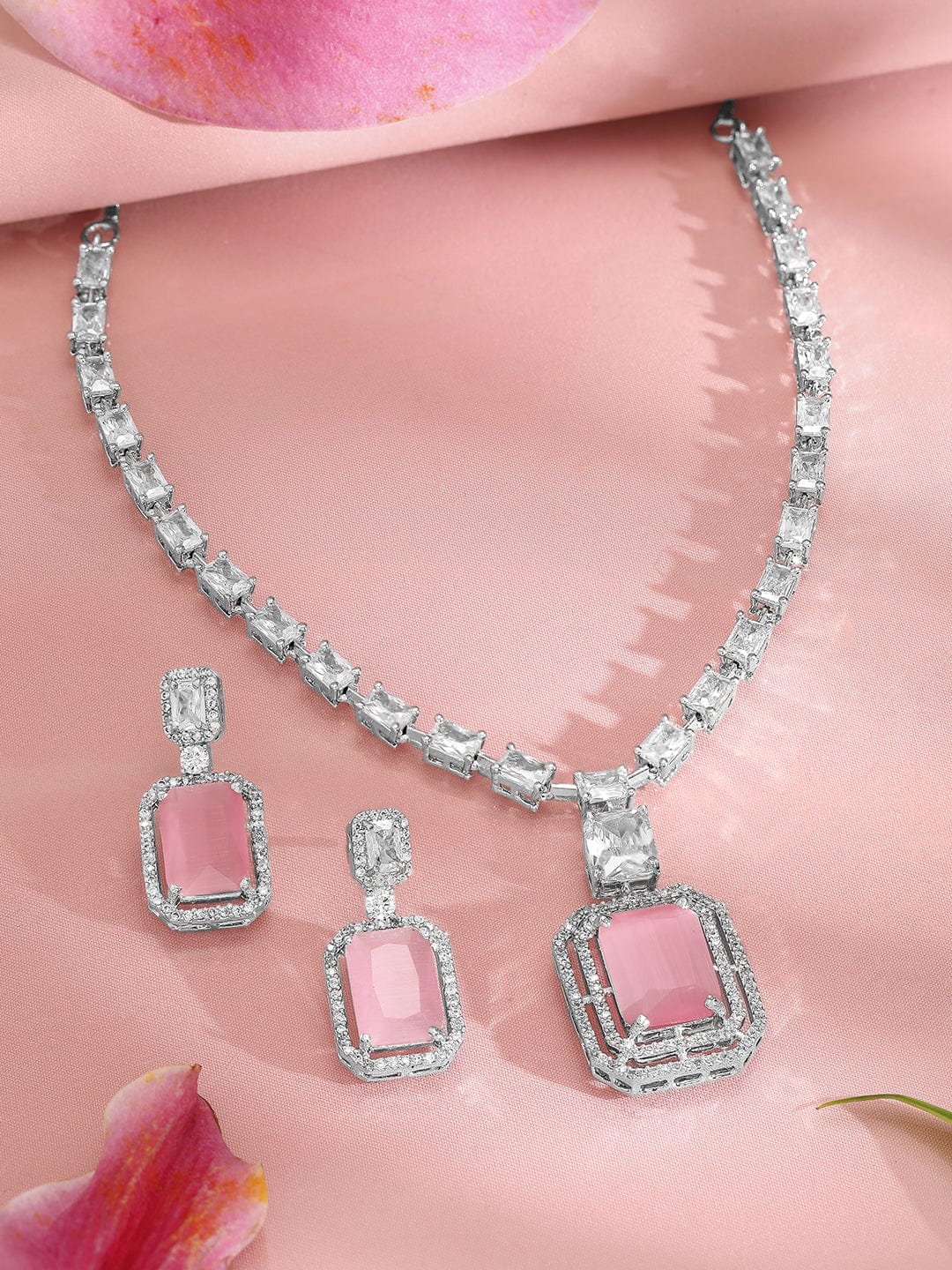 Rubans Rhodium-Plated CZ Studded Necklace & Earrings