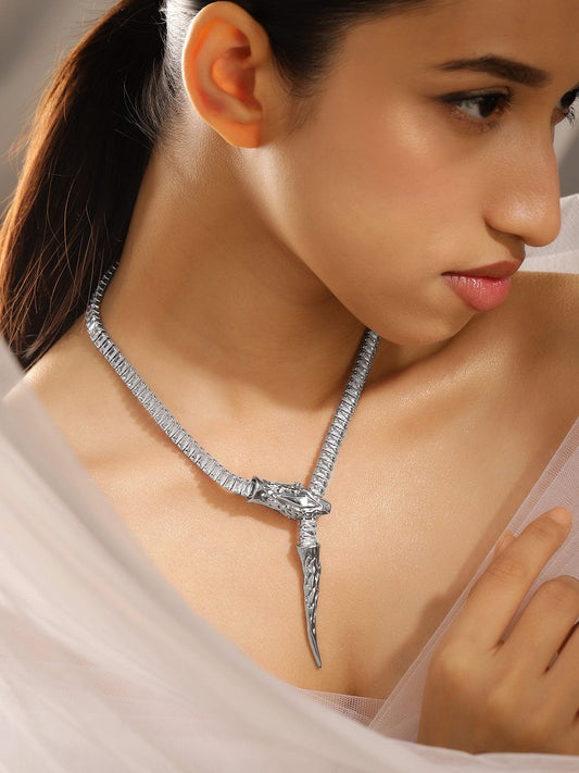 Rubans Rhodium Plated Demi Fine Bold Dragon Motif Necklace with Crystal Cubic Zirconia