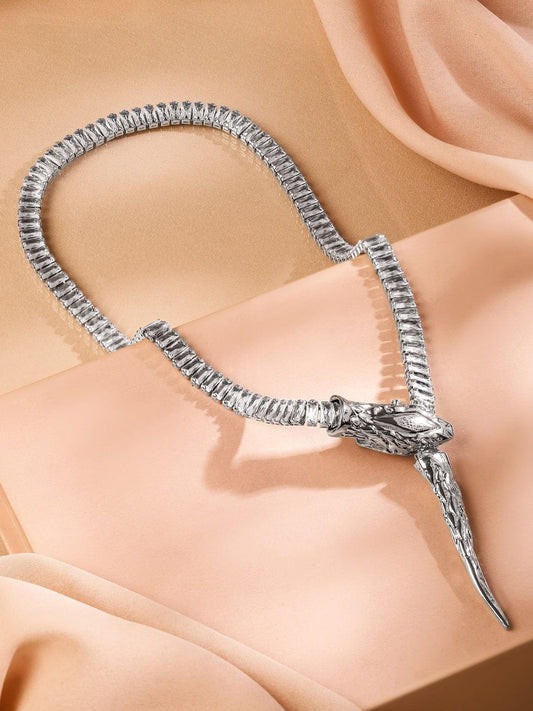 Rubans Rhodium Plated Demi Fine Bold Dragon Motif Necklace with Crystal Cubic Zirconia