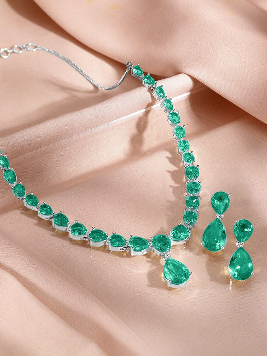 Rubans Rhodium-Plated Emerald Green AD & Cubic Zirconia Studded Necklace Set