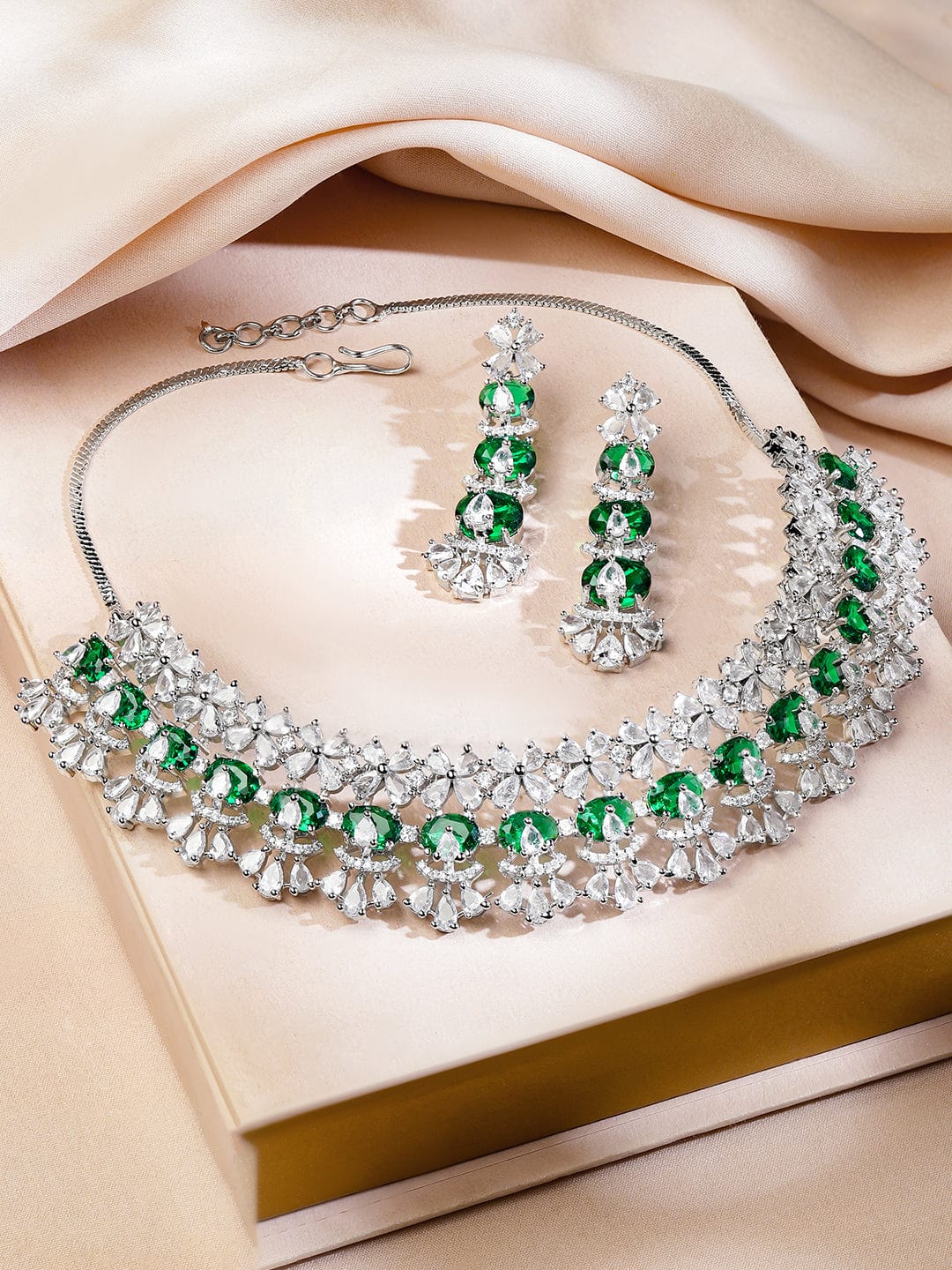 Rubans Rhodium-Plated Emerald Green & Cubic Zirconia Studded Floral Necklace Set