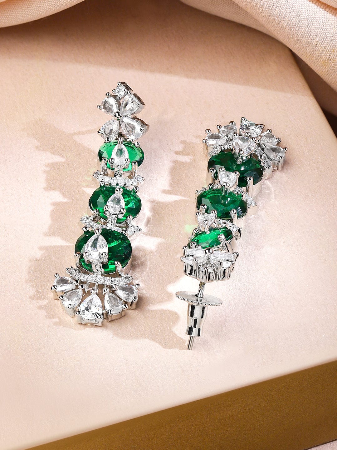 Rubans Rhodium-Plated Emerald Green & Cubic Zirconia Studded Floral Necklace Set