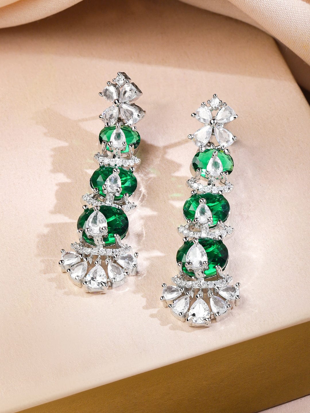 Rubans Rhodium-Plated Emerald Green & Cubic Zirconia Studded Floral Necklace Set
