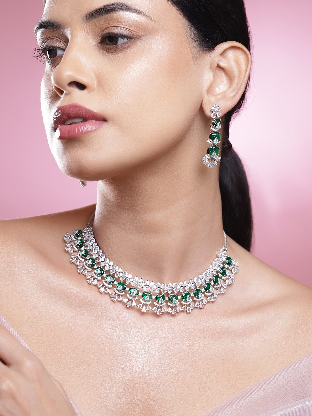 Rubans Rhodium-Plated Emerald Green & Cubic Zirconia Studded Floral Necklace Set