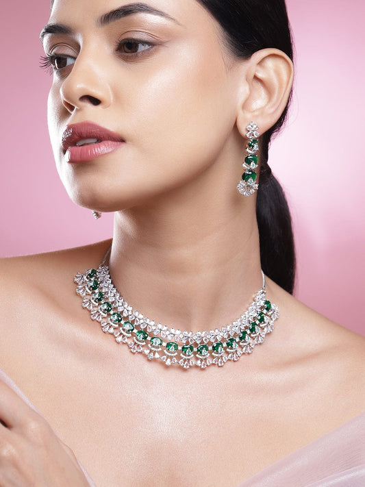 Rubans Rhodium-Plated Emerald Green & Cubic Zirconia Studded Floral Necklace Set