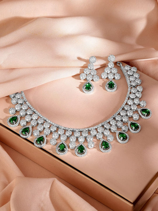 Rubans Rhodium-Plated Emerald Green & Cubic Zirconia Studded Necklace Set