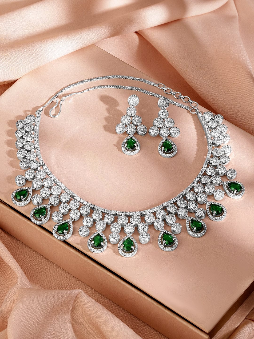 Rubans Rhodium-Plated Emerald Green & Cubic Zirconia Studded Necklace Set