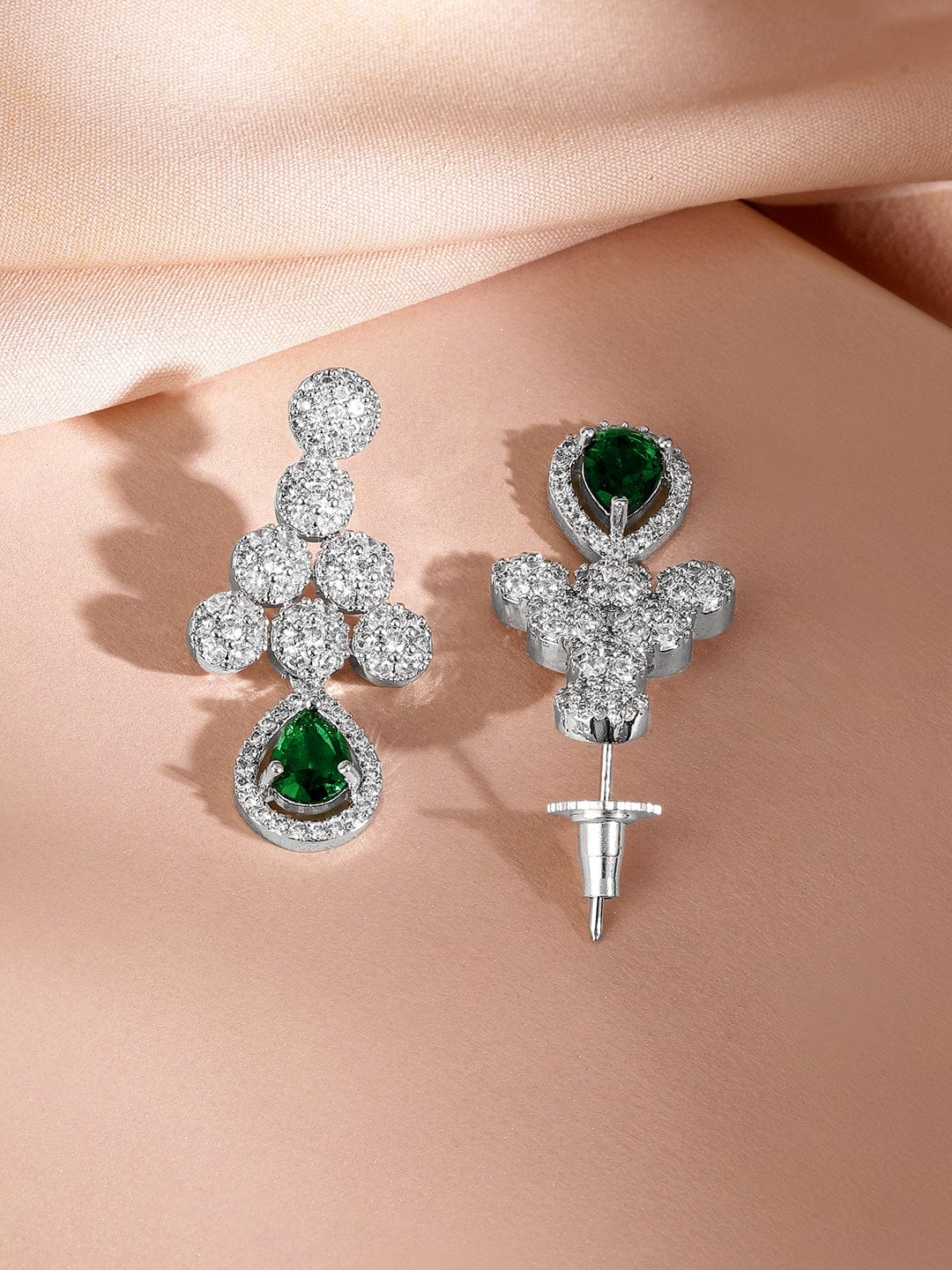 Rubans Rhodium-Plated Emerald Green & Cubic Zirconia Studded Necklace Set