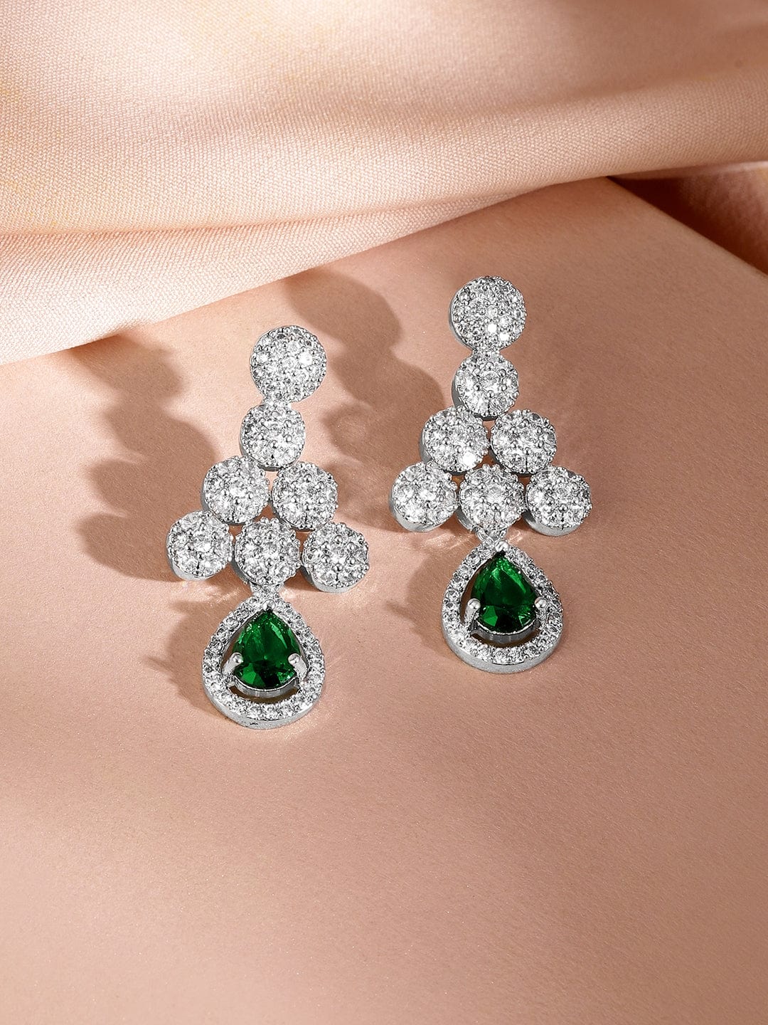 Rubans Rhodium-Plated Emerald Green & Cubic Zirconia Studded Necklace Set
