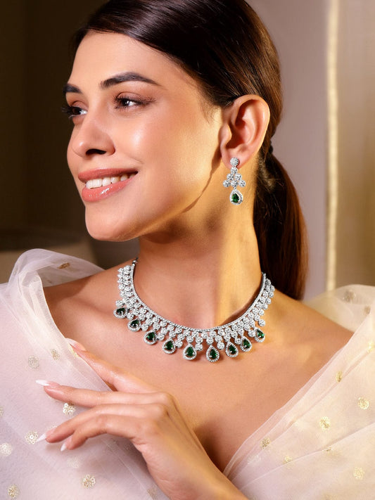 Rubans Rhodium-Plated Emerald Green & Cubic Zirconia Studded Necklace Set
