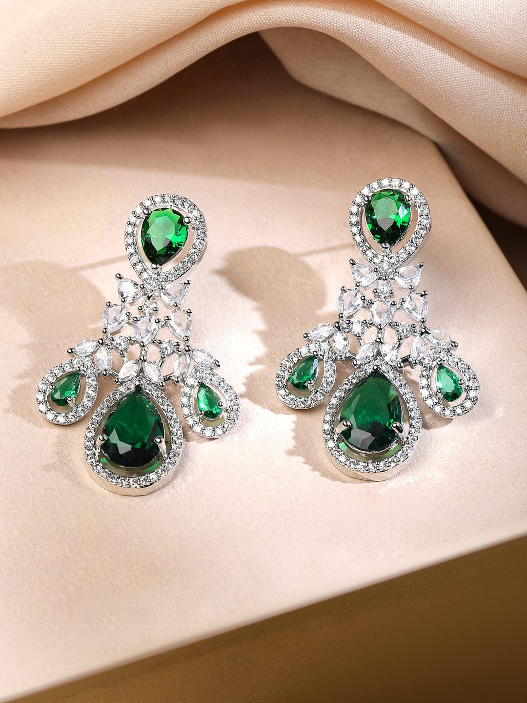 Rubans Rhodium-Plated Emerald Green & Cubic Zirconia Studded Premium Chandelier Necklace Set