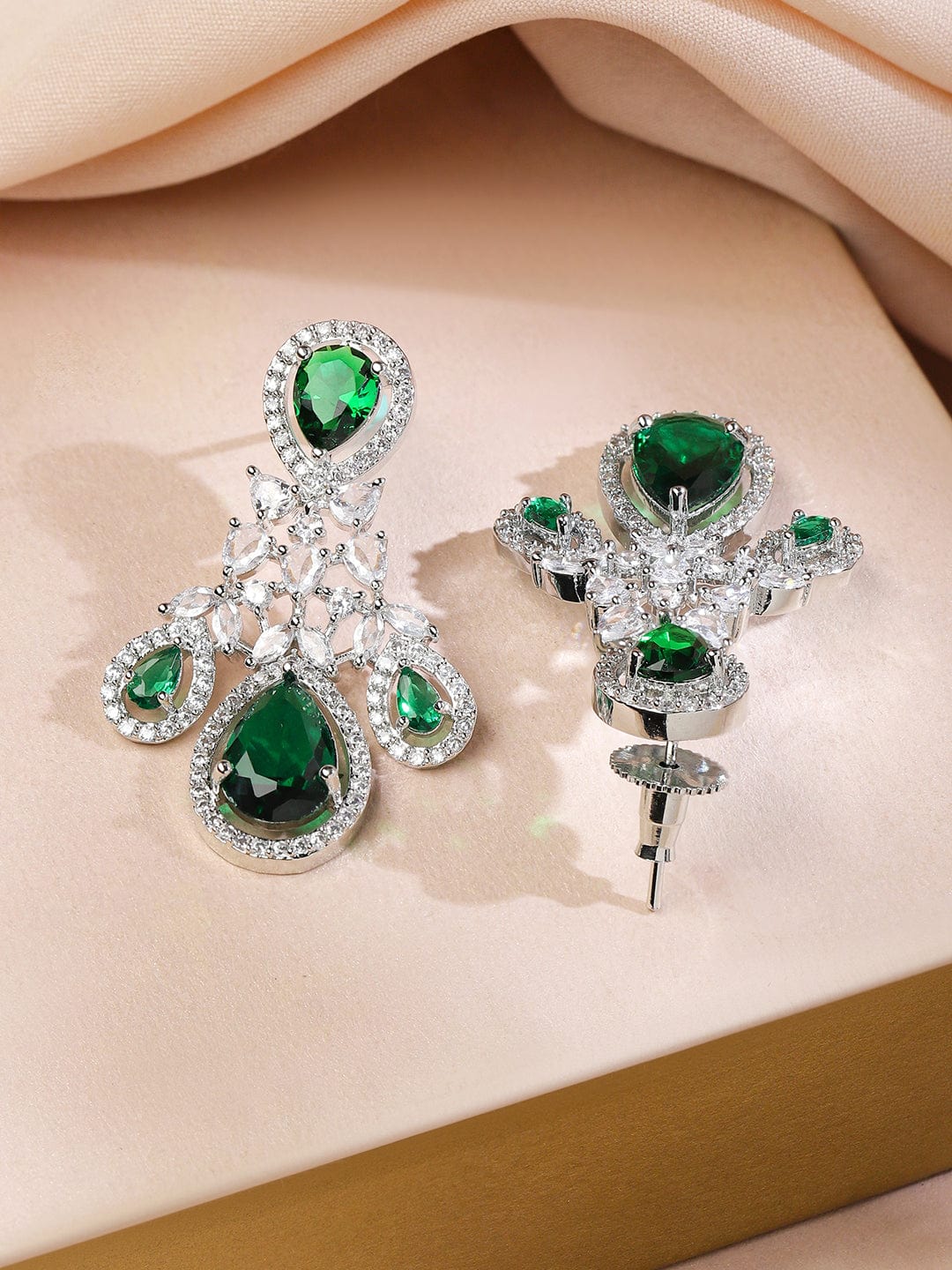 Rubans Rhodium-Plated Emerald Green & Cubic Zirconia Studded Premium Chandelier Necklace Set