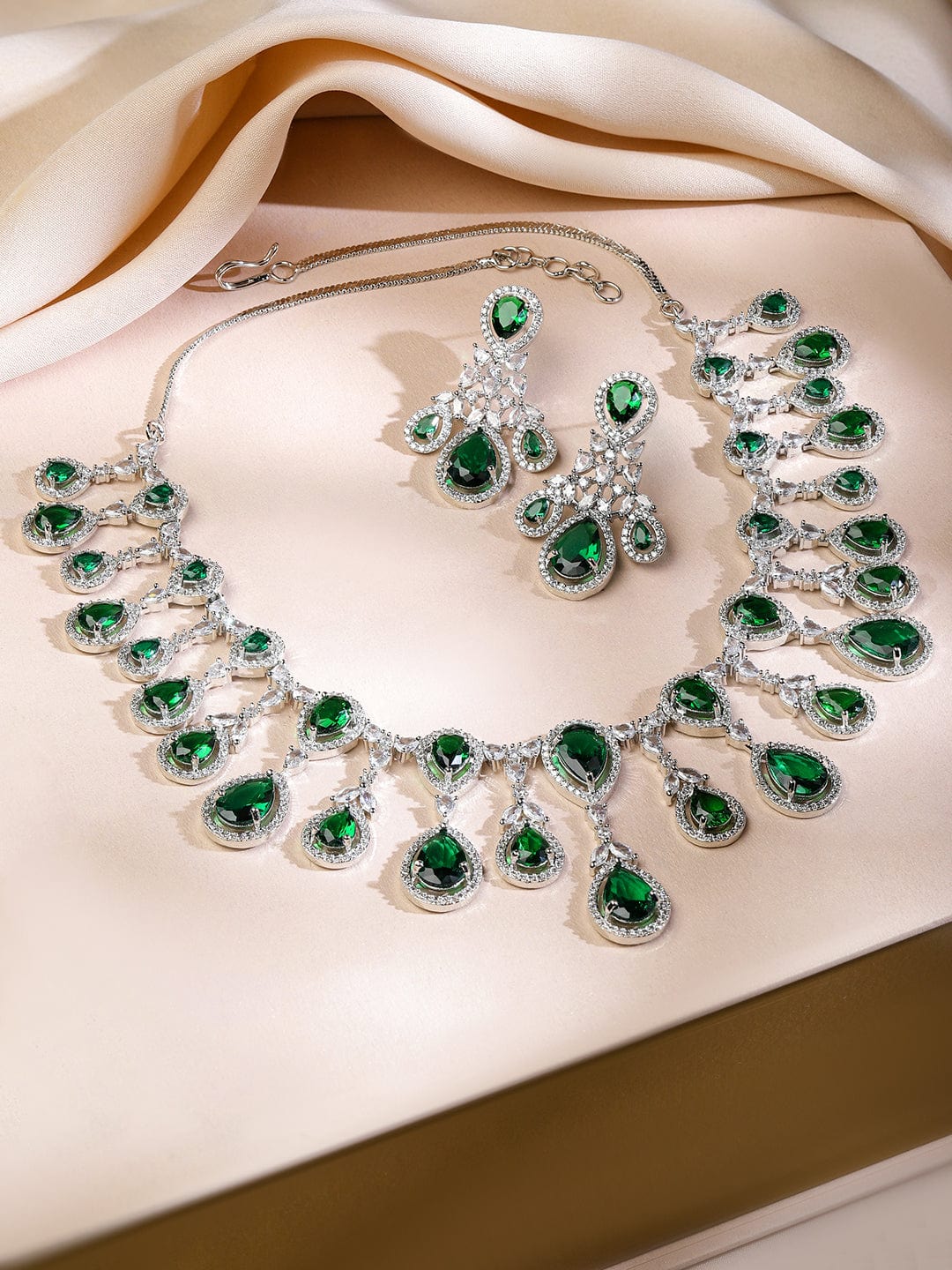 Rubans Rhodium-Plated Emerald Green & Cubic Zirconia Studded Premium Chandelier Necklace Set