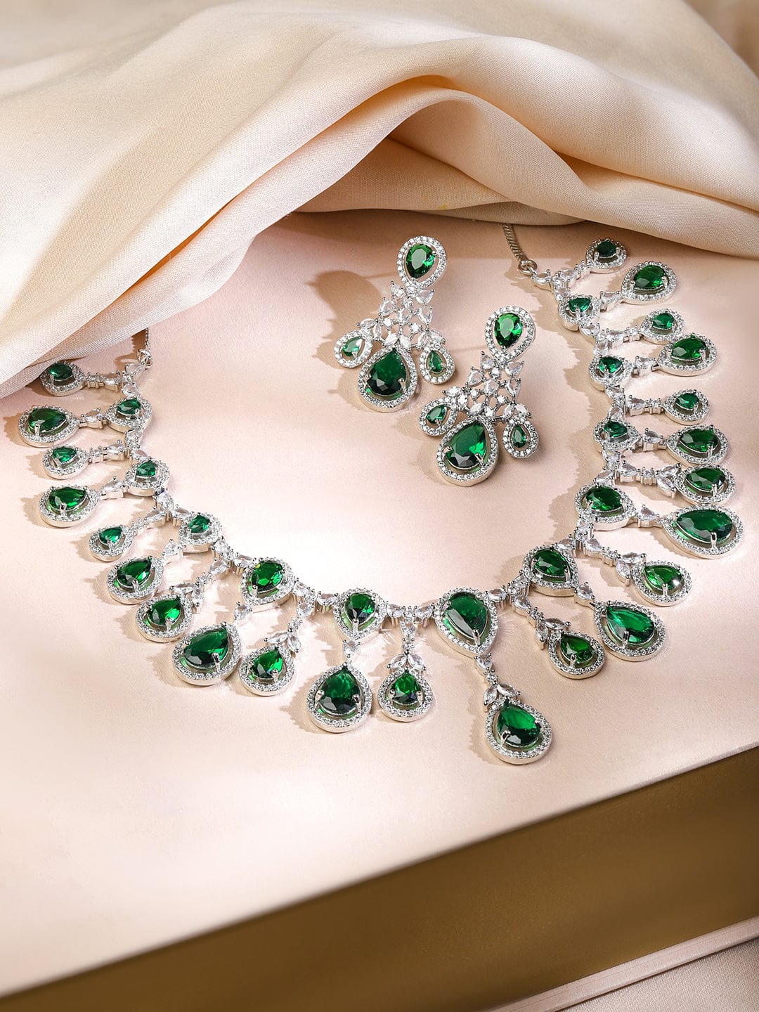 Rubans Rhodium-Plated Emerald Green & Cubic Zirconia Studded Premium Chandelier Necklace Set
