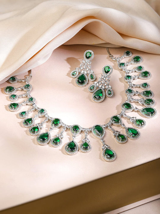 Rubans Rhodium-Plated Emerald Green & Cubic Zirconia Studded Premium Chandelier Necklace Set