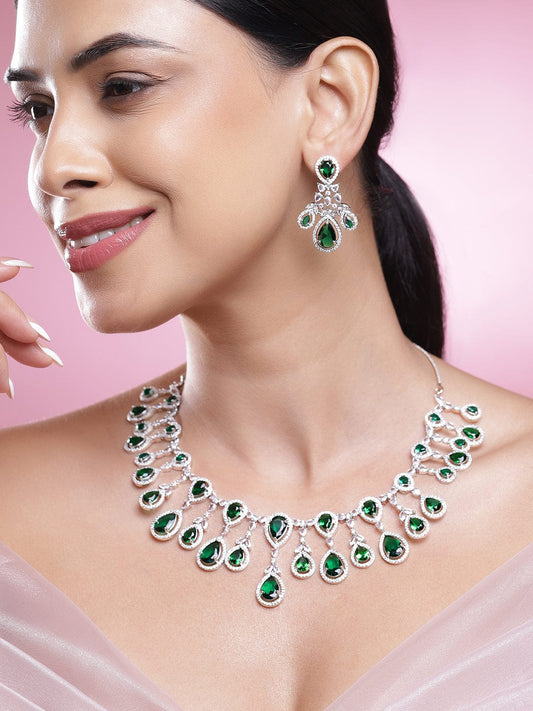Rubans Rhodium-Plated Emerald Green & Cubic Zirconia Studded Premium Chandelier Necklace Set