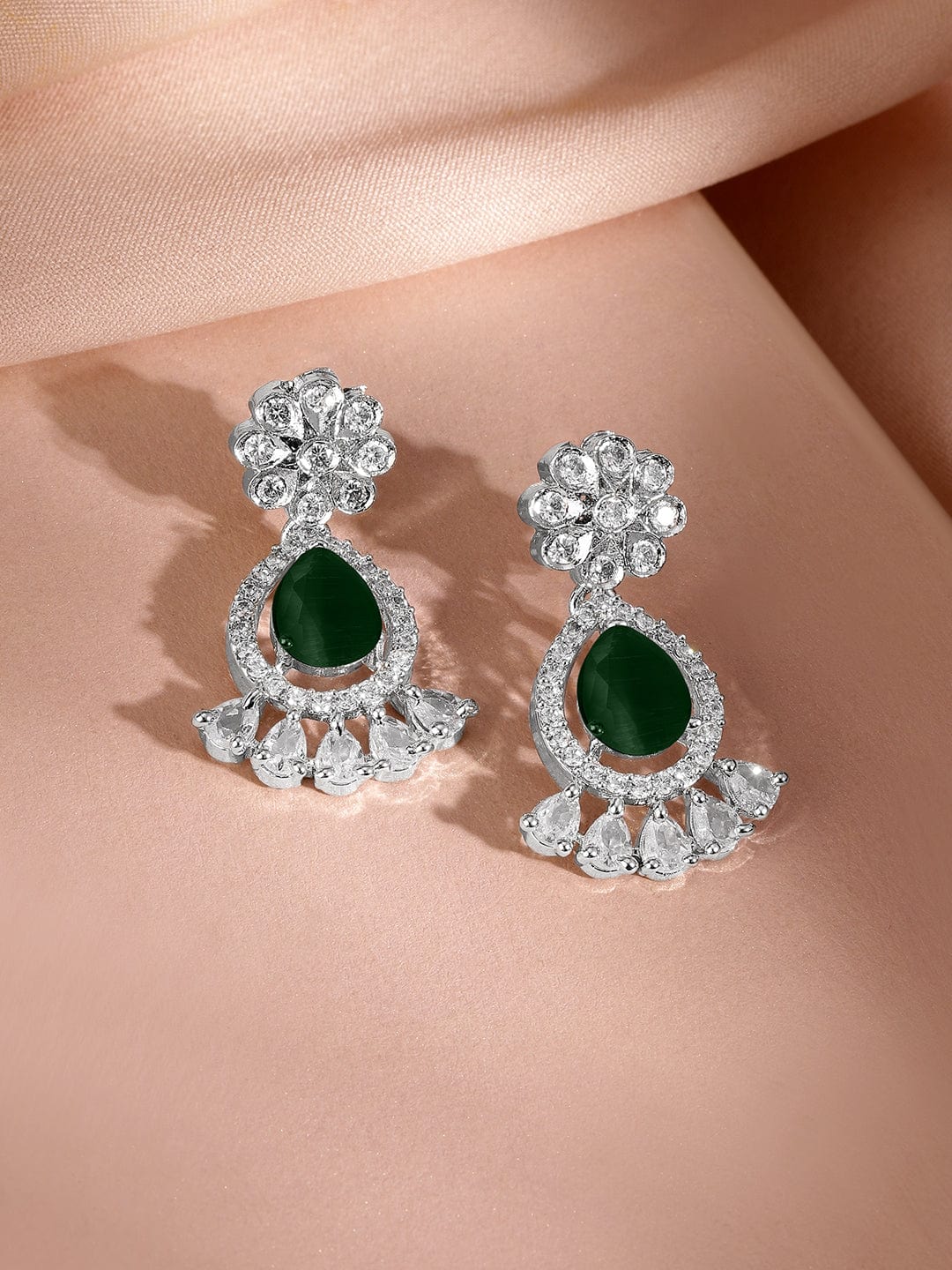 Rubans Rhodium-Plated Emerald Green Cubic Zirconia Studded Statement Necklace Set