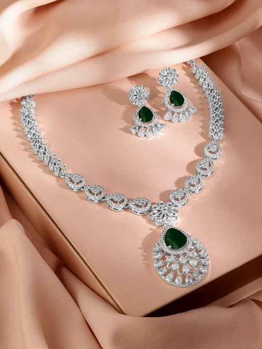 Rubans Rhodium-Plated Emerald Green Cubic Zirconia Studded Statement Necklace Set