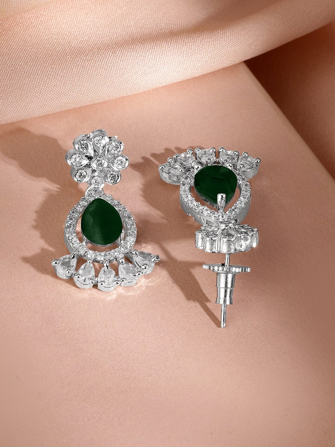 Rubans Rhodium-Plated Emerald Green Cubic Zirconia Studded Statement Necklace Set