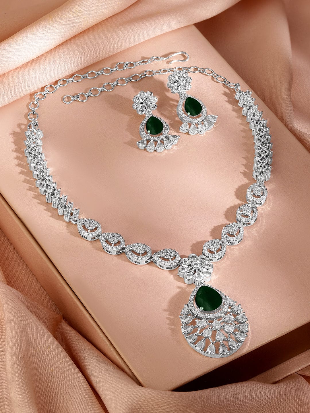 Rubans Rhodium-Plated Emerald Green Cubic Zirconia Studded Statement Necklace Set