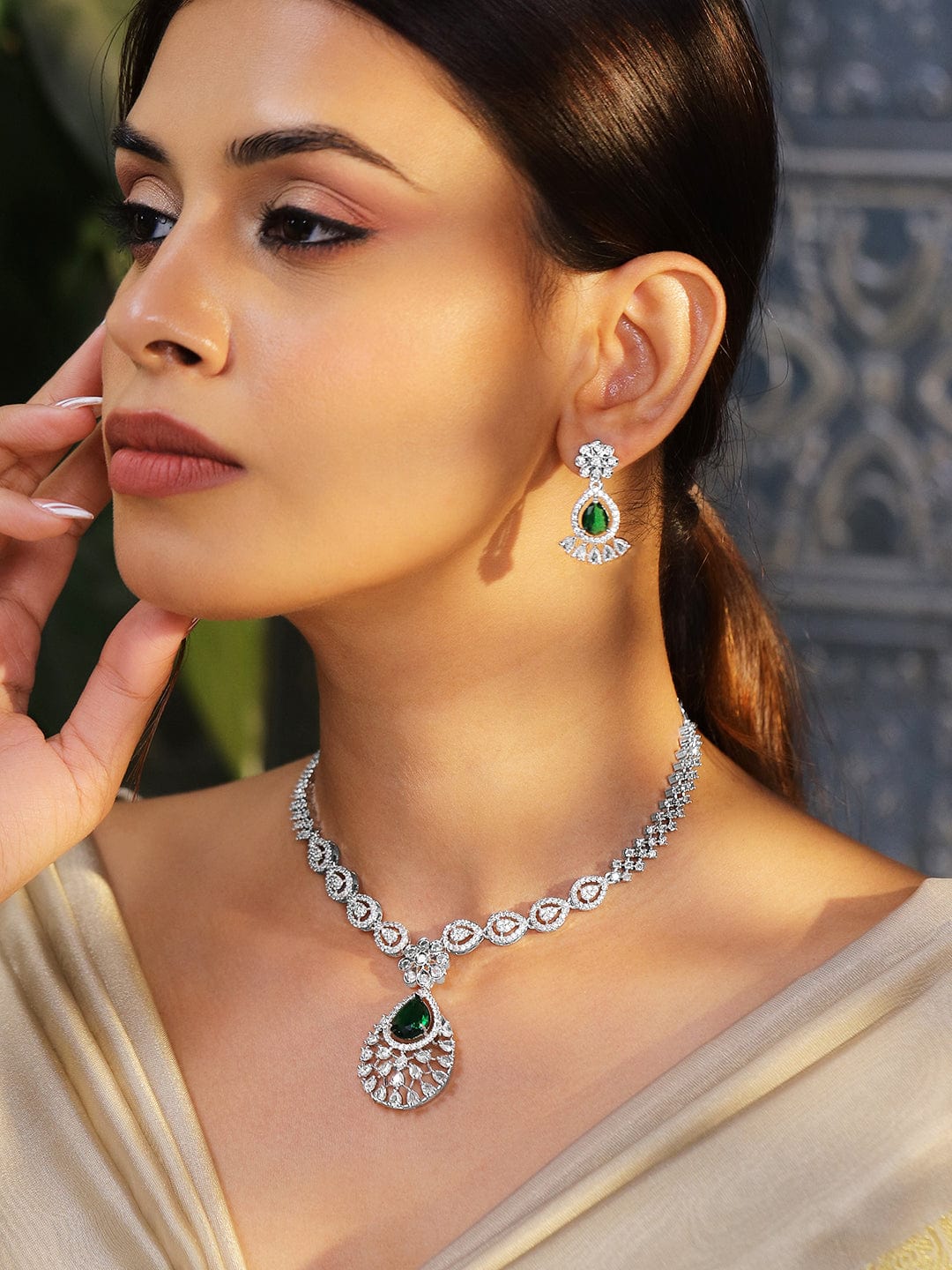 Rubans Rhodium-Plated Emerald Green Cubic Zirconia Studded Statement Necklace Set