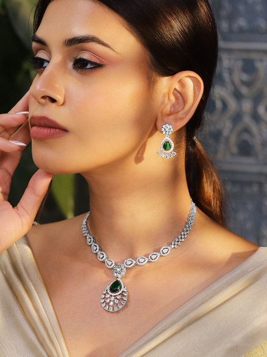 Rubans Rhodium-Plated Emerald Green Cubic Zirconia Studded Statement Necklace Set