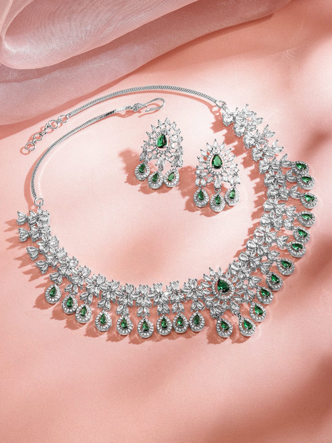Rubans Rhodium-Plated Emerald Green & White Cubic Zirconia Studded Chandelier Necklace Set