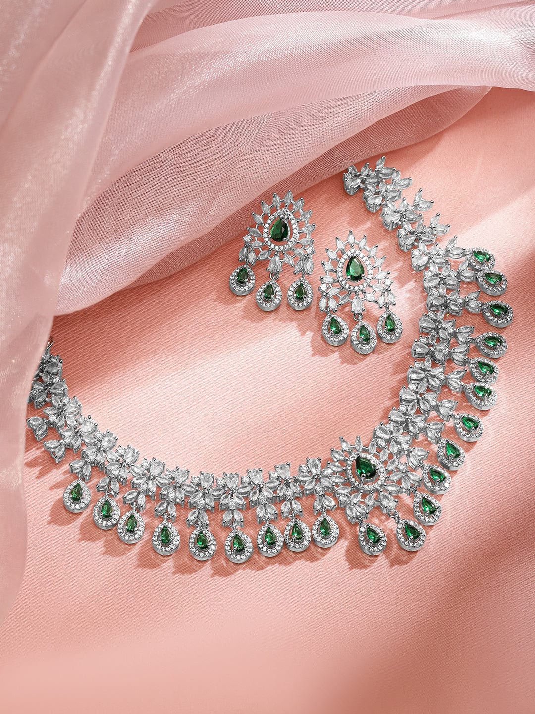 Rubans Rhodium-Plated Emerald Green & White Cubic Zirconia Studded Chandelier Necklace Set