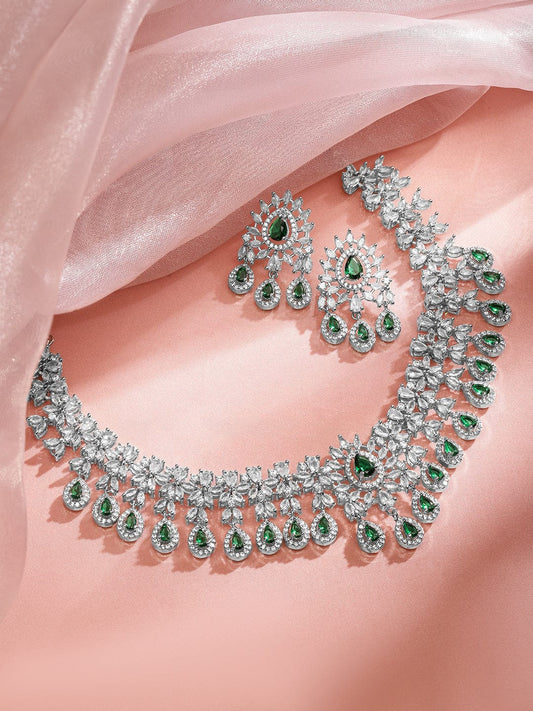 Rubans Rhodium-Plated Emerald Green & White Cubic Zirconia Studded Chandelier Necklace Set