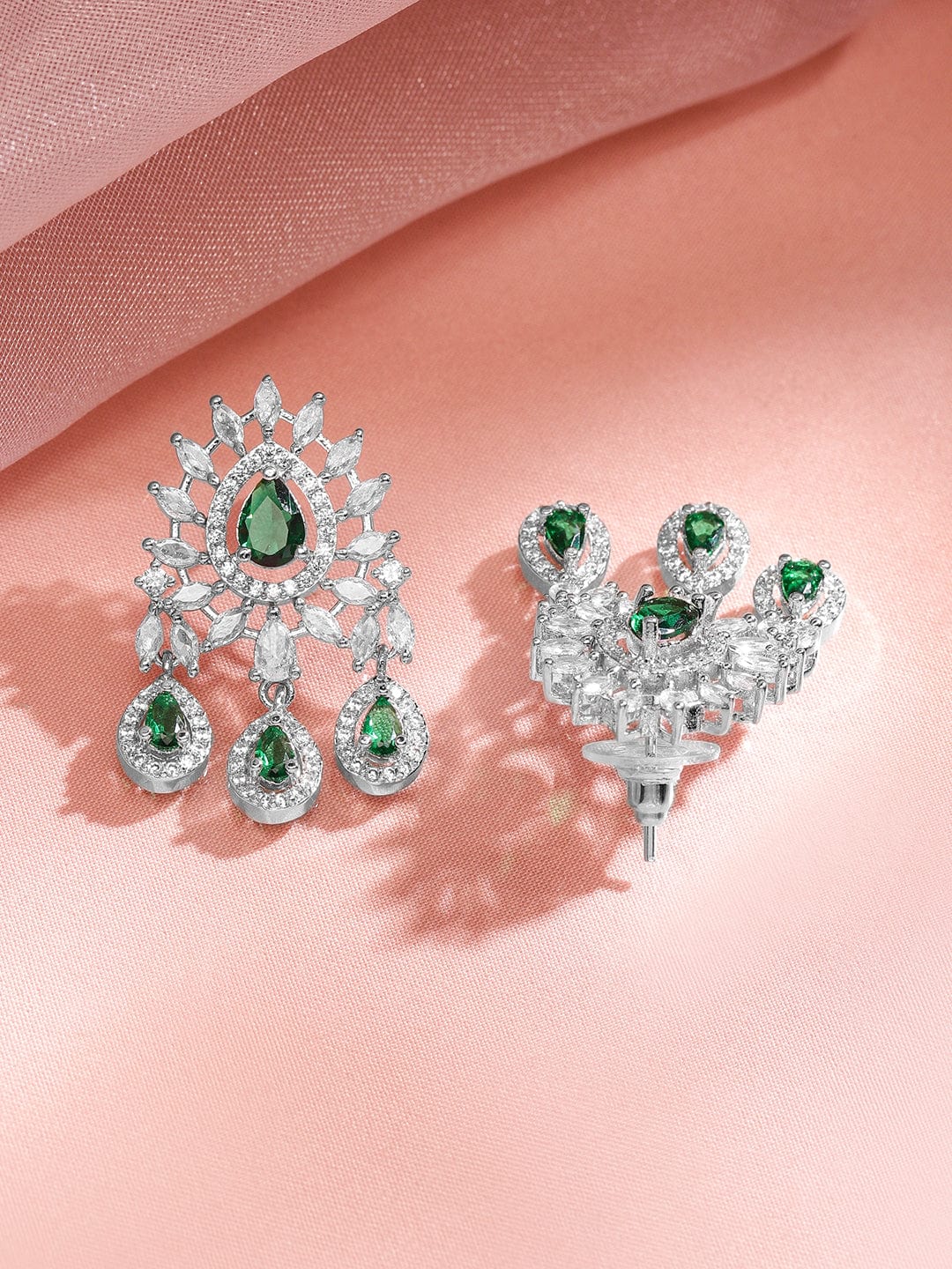 Rubans Rhodium-Plated Emerald Green & White Cubic Zirconia Studded Chandelier Necklace Set