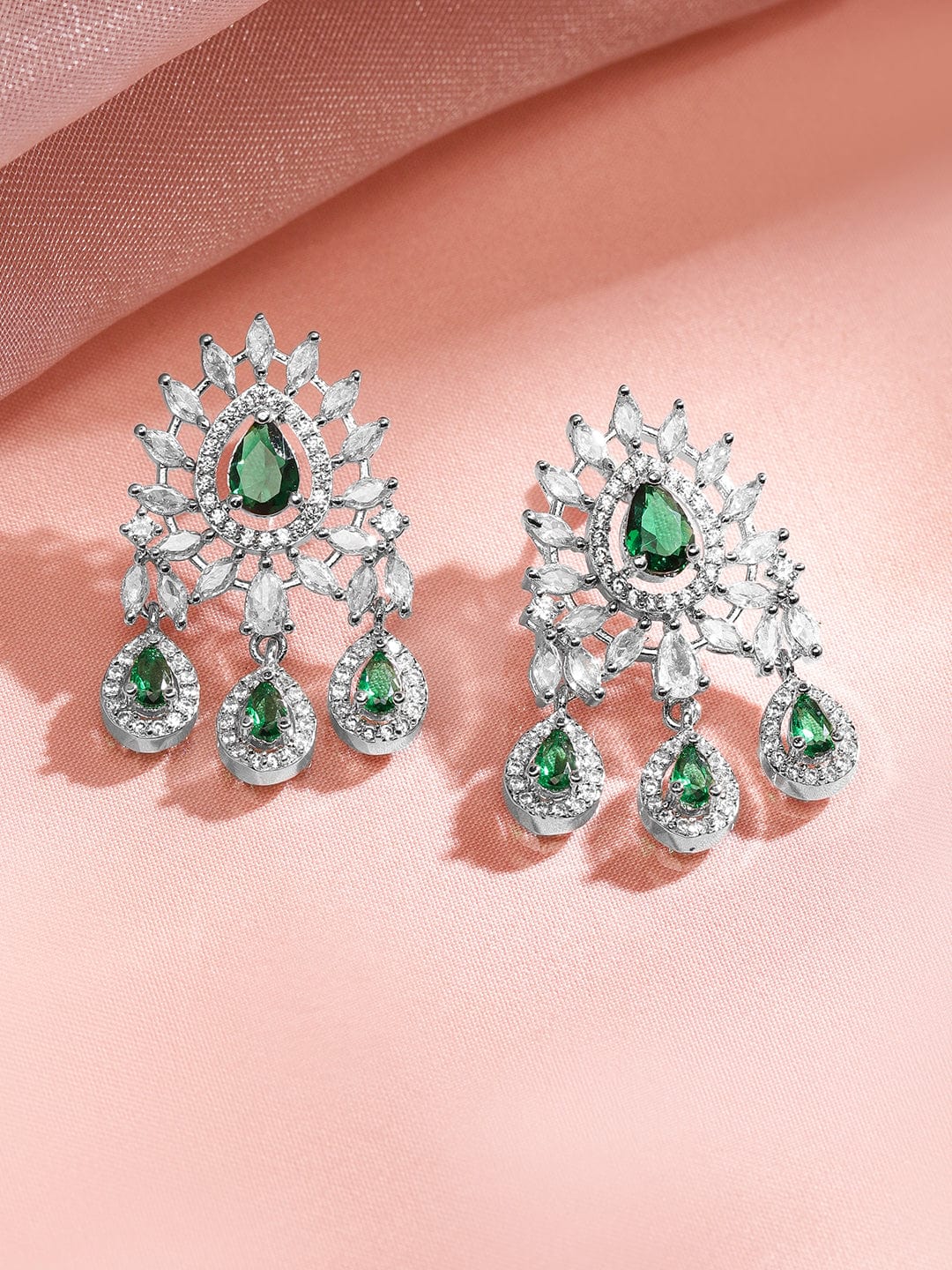 Rubans Rhodium-Plated Emerald Green & White Cubic Zirconia Studded Chandelier Necklace Set