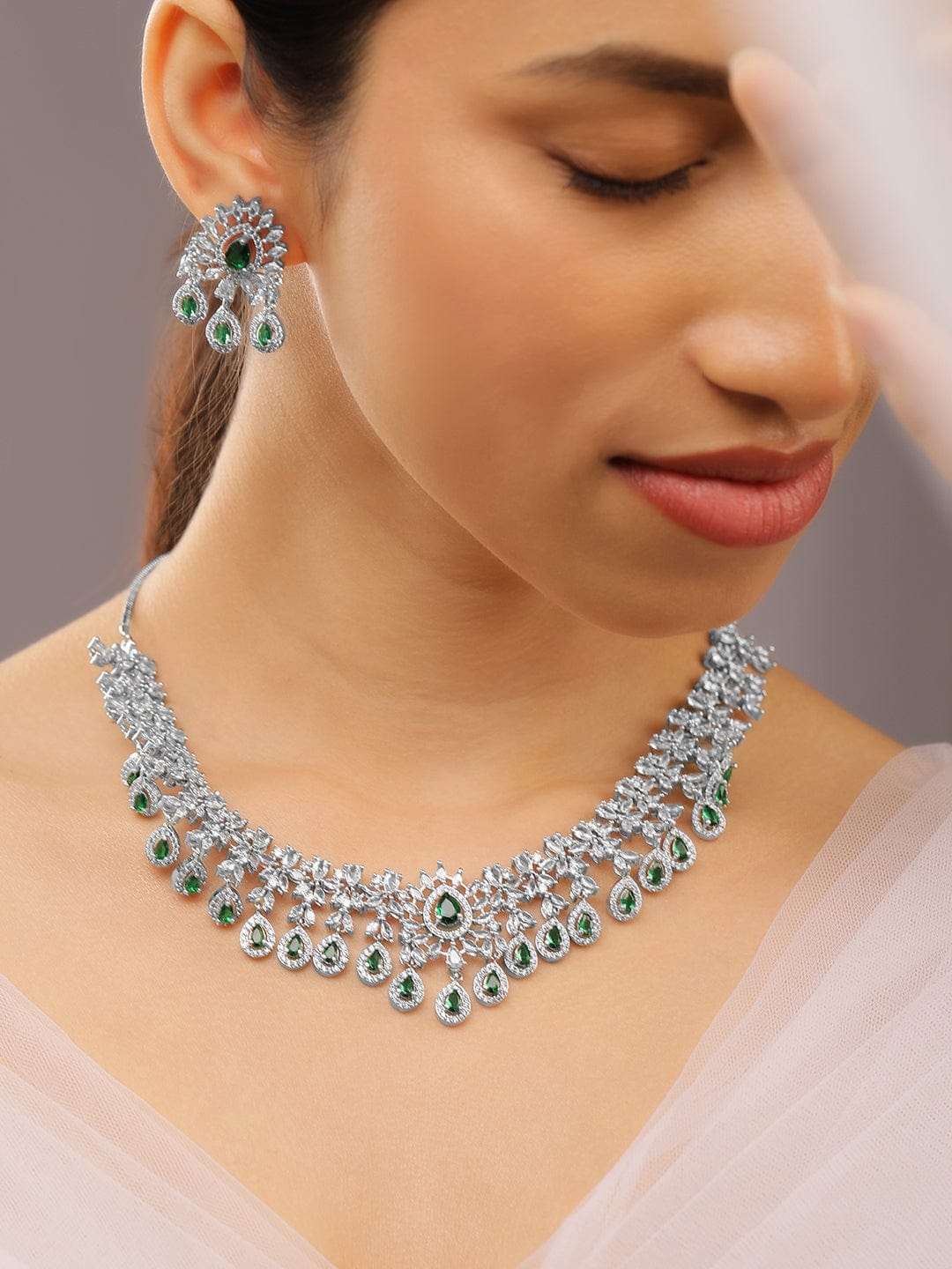 Rubans Rhodium-Plated Emerald Green & White Cubic Zirconia Studded Chandelier Necklace Set