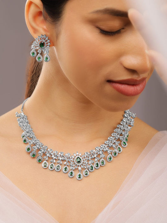 Rubans Rhodium-Plated Emerald Green & White Cubic Zirconia Studded Chandelier Necklace Set