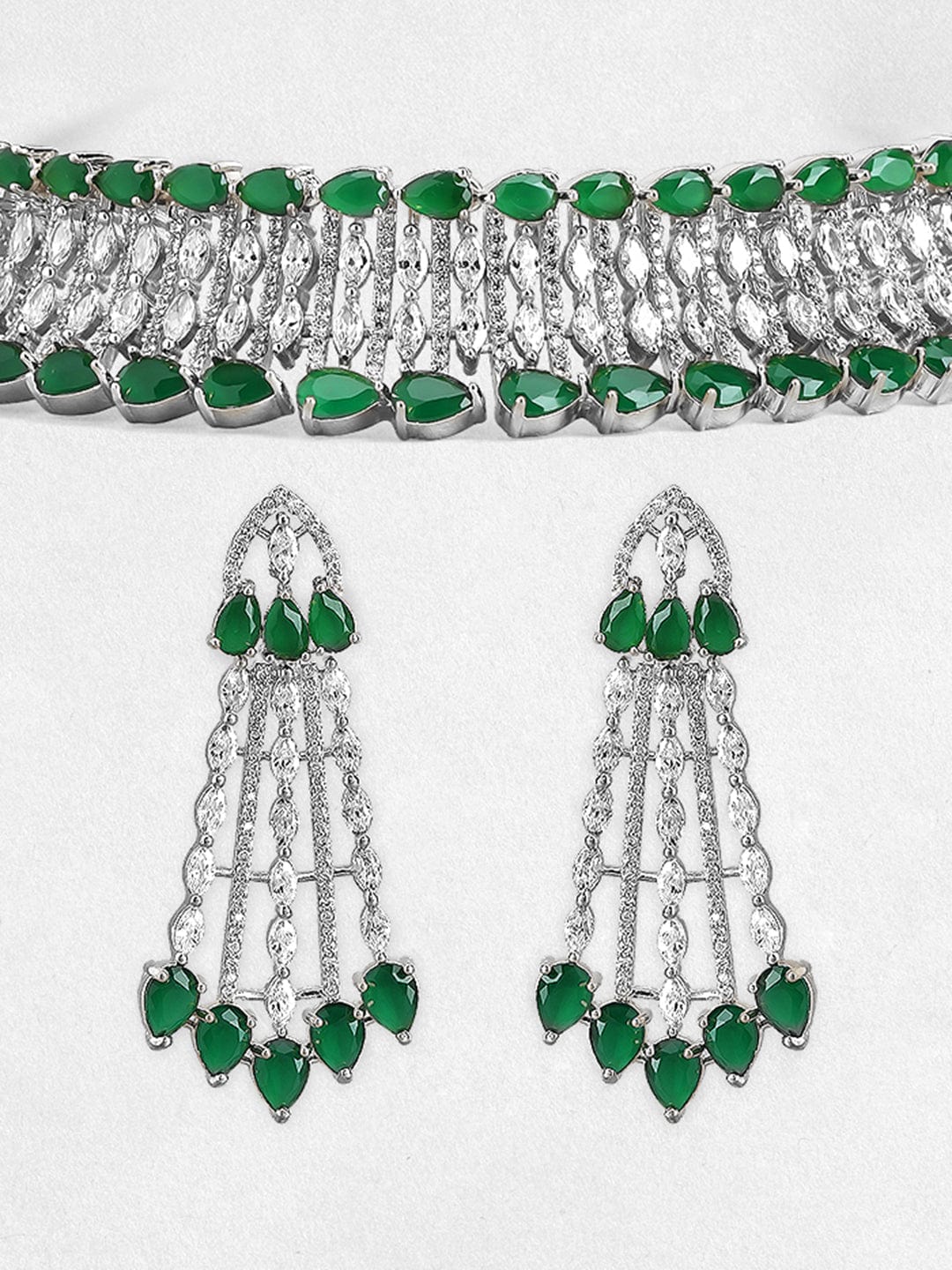 Rubans Rhodium-Plated Emerald Green & White Cubic Zirconia Studded Choker Necklace Set