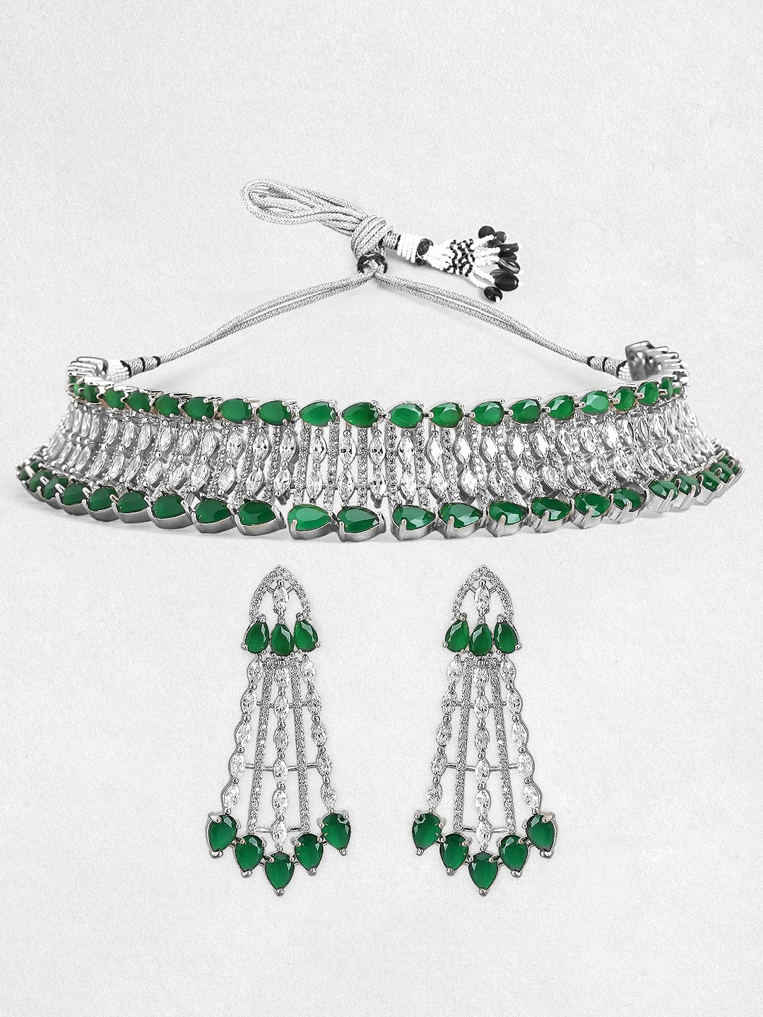 Rubans Rhodium-Plated Emerald Green & White Cubic Zirconia Studded Choker Necklace Set