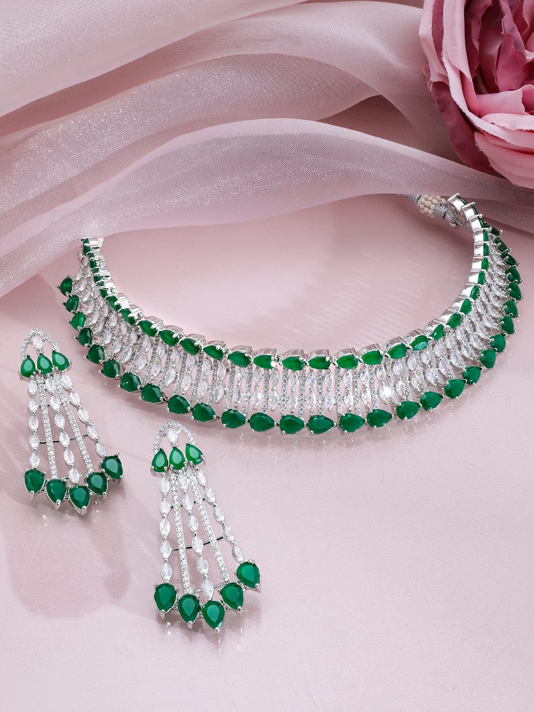Rubans Rhodium-Plated Emerald Green & White Cubic Zirconia Studded Choker Necklace Set