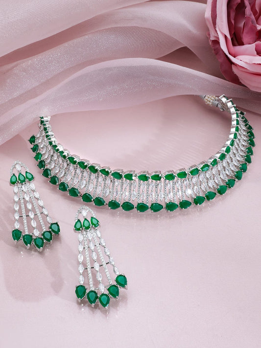 Rubans Rhodium-Plated Emerald Green & White Cubic Zirconia Studded Choker Necklace Set