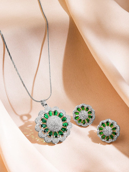 Rubans Rhodium-Plated Emerald Green & White Cubic Zirconia Studded Classic Premium Floral Pendant Necklace Set