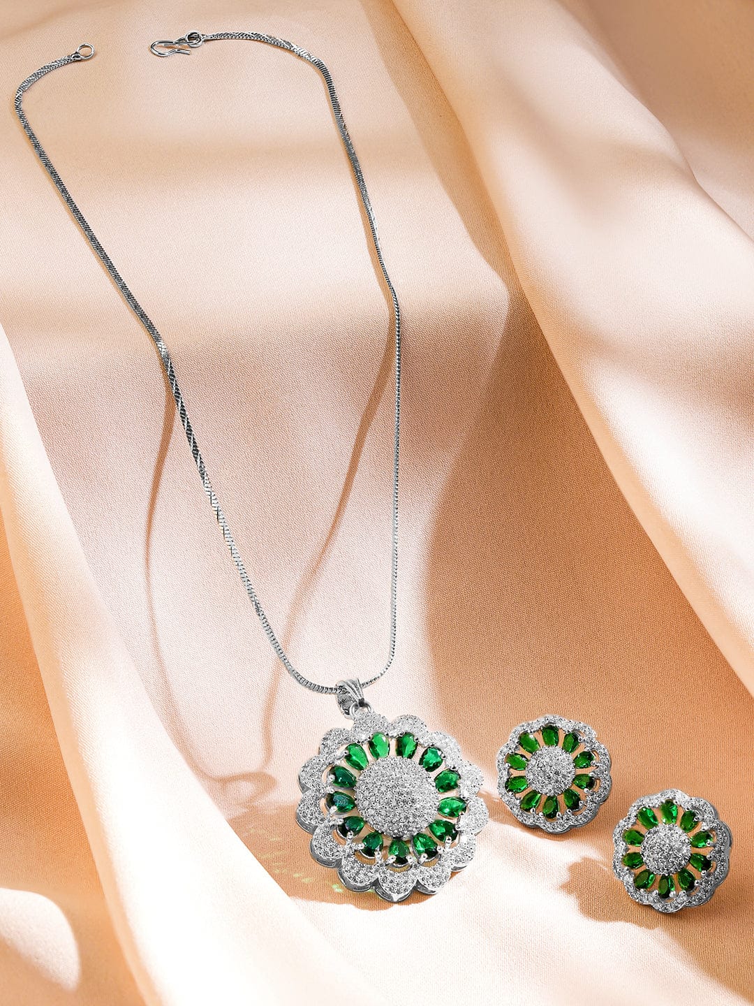 Rubans Rhodium-Plated Emerald Green & White Cubic Zirconia Studded Classic Premium Floral Pendant Necklace Set